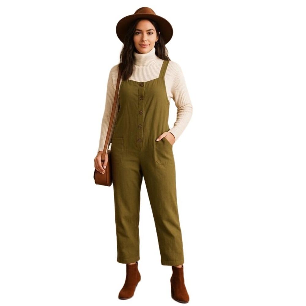 Aedvooer Olive Green Linen Blend Button-Front‎ Jumpsuit Women’s L Closet Staple